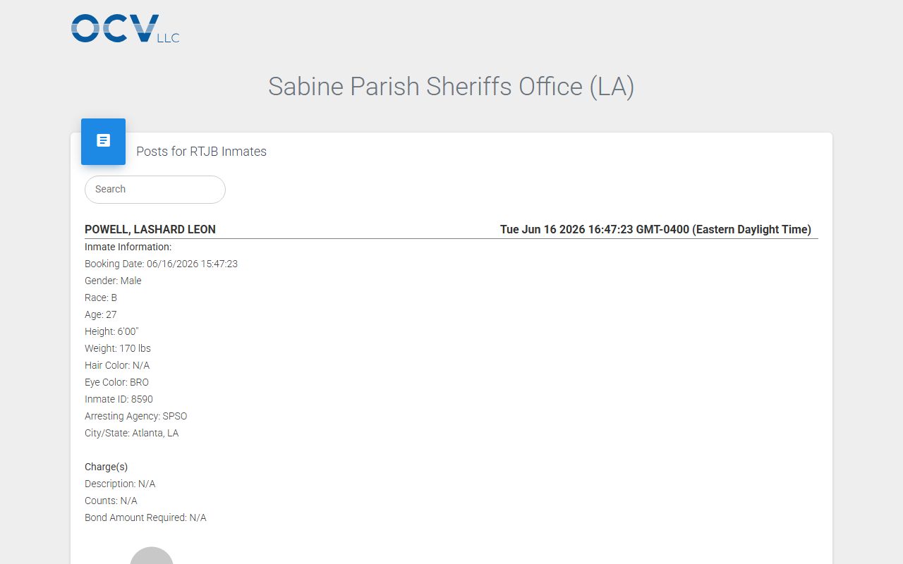 Sabine Parish County inmate roster search page